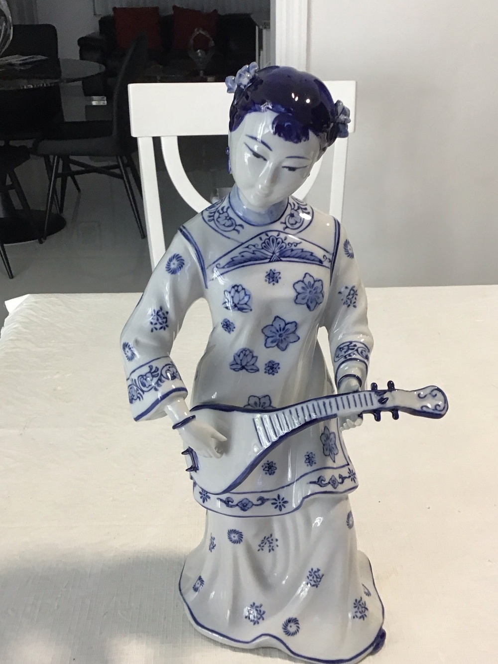 Vintage Blue and White Porcelain Musician Chinese women figurine #174. ##4